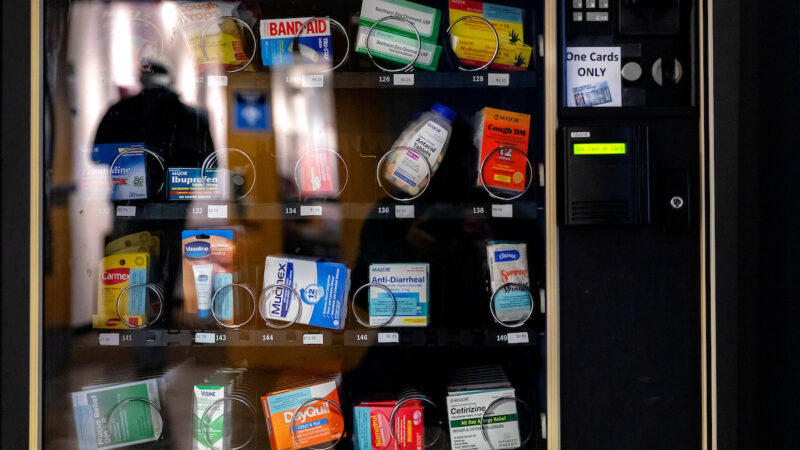 A vending machine containing health-related items such as cough drops and band-aids sits inside one of the doorways of the Student Union on January 25, 2021, on the campus of the University of North Carolina at Chapel Hill.