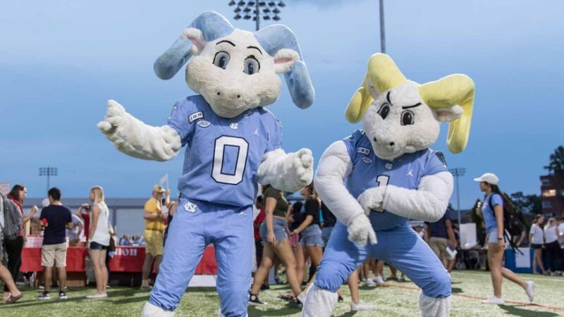 Rameses and Rameses Jr connecting at FallFest on Carolina's campus