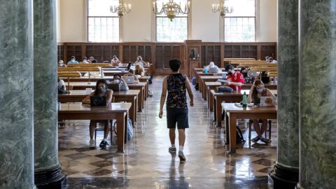 Student walking into Wilson Library to study.