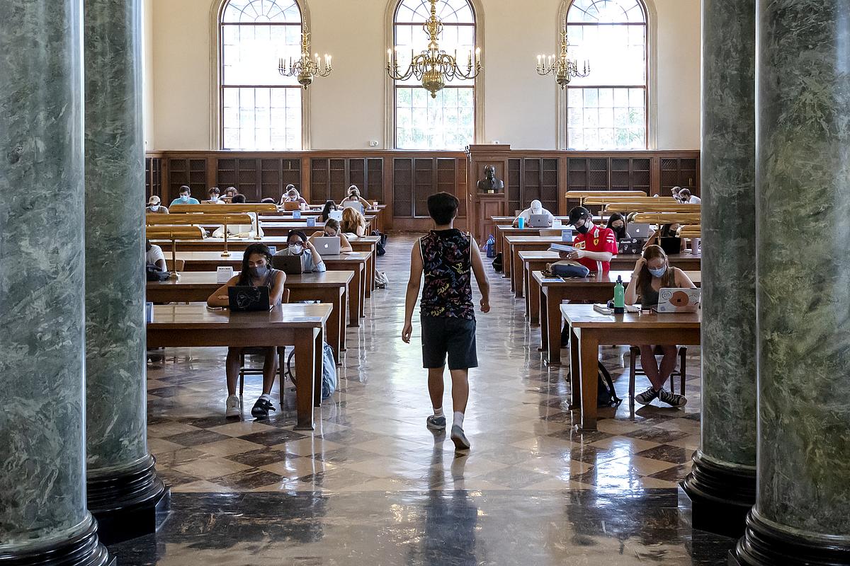 Student walking into Wilson Library to study.