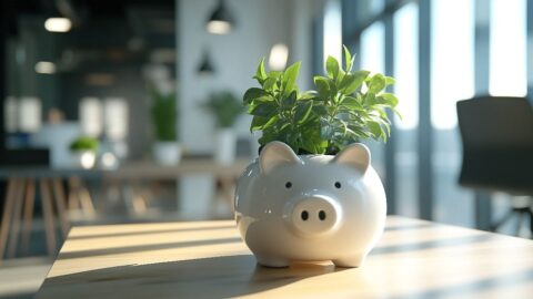 A plant growing from a piggy bank.