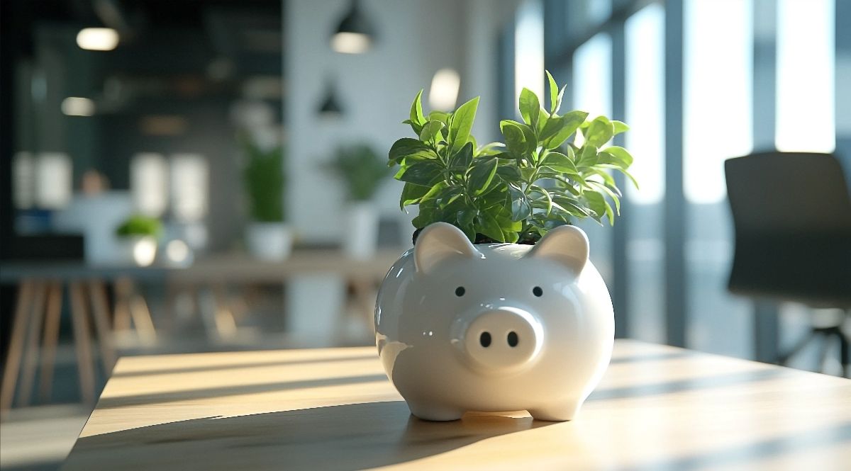 A plant growing from a piggy bank.