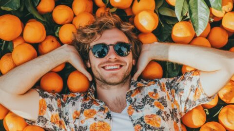 Man in sunglasses smiles while lying next to oranges